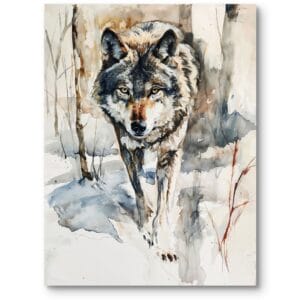 Obraz na płótnie wilk realistyczny do salonu skandynawski biało-szary i brązowy zimowy krajobraz natura