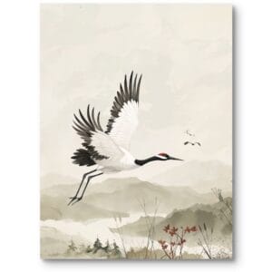 Obraz na ścianę do salonu minimalistyczny zwierzęta żuraw w locie nad górskim krajobrazem biało-czerwony