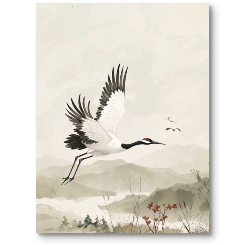 Obraz na ścianę do salonu minimalistyczny zwierzęta żuraw w locie nad górskim krajobrazem biało-czerwony