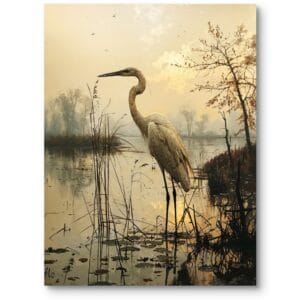 Obraz nad jeziorem czapla do klasycznego salonu realistyczny złoto-brązowy