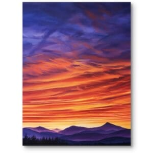 Obraz nowoczesny do salonu krajobraz zachód słońca nad górami impresjonizm pomarańczowo-fioletowy