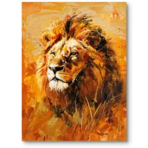 Obraz nowoczesny do salonu portret lwa zwierzęta pomarańczowo-żółty