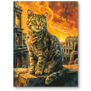 Obraz olejny do klasycznego salonu kot na tle Koloseum nostalgia pomarańczowo-żółty
