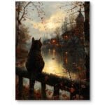 Obraz olejny do klasycznego salonu kot nad jesienną rzeką realistyczny brązowo-pomarańczowy