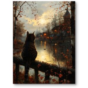 Obraz olejny do klasycznego salonu kot nad jesienną rzeką realistyczny brązowo-pomarańczowy