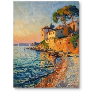 Obraz olejny do salonu nowoczesny wille nadmorska miejscowość zachód słońca impresjonizm niebiesko-pomarańczowy