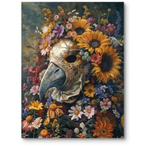 Obraz olejny do salonu vintage kwiaty maska żółto-brązowy