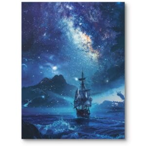 Obraz olejny do salonu żaglowiec gwiaździsta noc realizm zimna kolorystyka