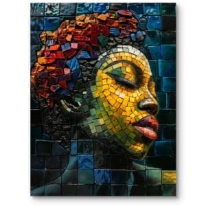 Obraz portret kobiety mozaika inspirujący do nowoczesnego salonu zielono-żółty