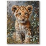 Obraz realistyczny do pokoju dziecka zwierzęta młody lew brązowo-zielony