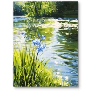 Obraz realistyczny do salonu i sypialni jezioro i kwiaty naturalny zielono-niebieski