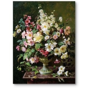 Obraz realistyczny do salonu klasyczny martwa natura bukiet róż i piwonii zielono-różowy