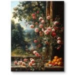 Obraz realistyczny do salonu martwa natura kwiaty róże owoce w stylu klasycznym na białą ścianę