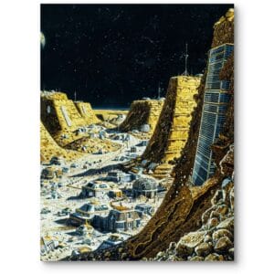 Obraz sci-fi do salonu biura futurystyczna kolonia księżycowa żółto-brązowa