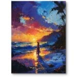 Obraz zachód słońca na egzotycznej plaży do salonu boho kobieta impresjonistyczny pomarańczowo-niebieski