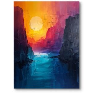 Obraz zachód słońca nad rzeką częściowo abstrakcyjny do nowoczesnego salonu pomarańczowo-niebieski