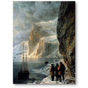 Obraz zimowy krajobraz w górach zima w górach statki na morzu realistyczny do biura gabinetu niebiesko-biały