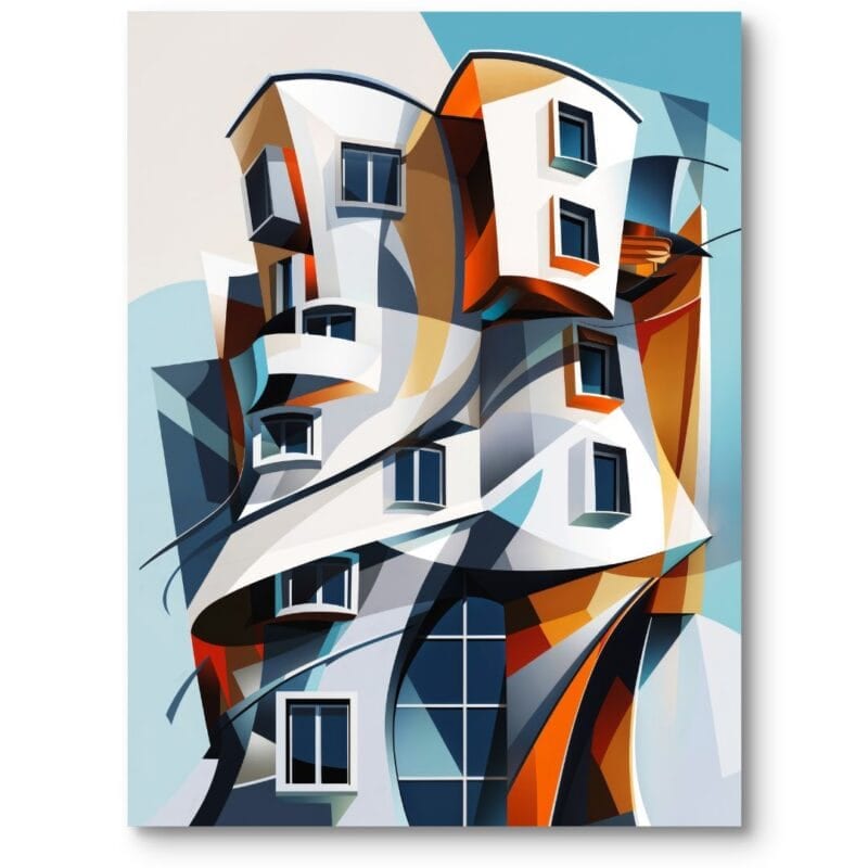 Plakat do biura architektura budynki kubizm biało-pomarańczowy