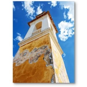 Plakat do biura architektura budynki zabytkowa wieża do szarego salonu nowoczesny niebiesko-żółty