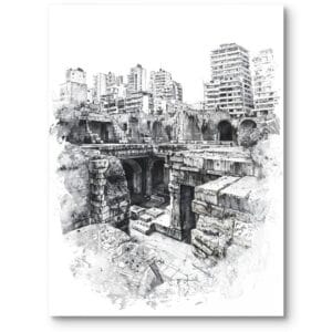 Plakat do biura architektura ruiny miasta realistyczny czarno-biały