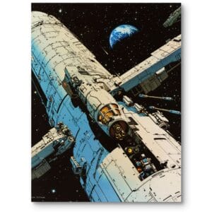 Plakat do biura fantastyka i science fiction statek kosmiczny biało-niebieski