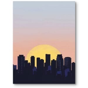 Plakat do biura i salonu krajobrazy pejzaże i widoki zachód słońca minimalistyczny żółto-granatowy