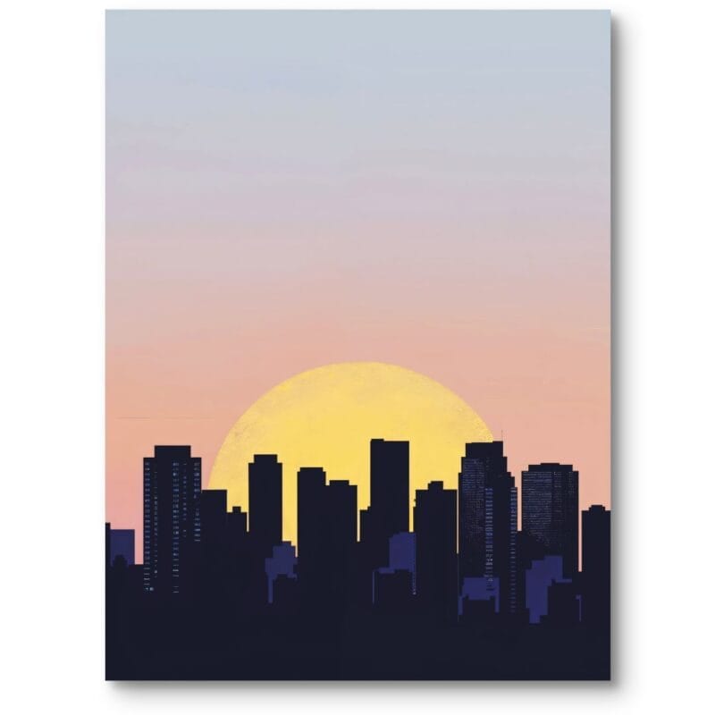 Plakat do biura i salonu krajobrazy pejzaże i widoki zachód słońca minimalistyczny żółto-granatowy