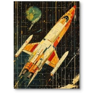 Plakat do biura kosmos i wszechświat rakieta inspirowana retro-futurystycznym stylem pomarańczowo-żółty