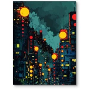 Plakat do biura miasto nocą neo-noir zimna kolorystyka futurystyczny