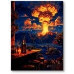 Plakat do biura nocne życie wulkan nowoczesny pejzaż do salonu pomarańczowo-granatowy Plakat do biura nocne życie wulkan nowoczesny pejzaż do salonu pomarańczowo-granatowy