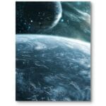 Plakat do biura nowoczesny kosmiczna wizja z planetami i gwiazdami na niebiesko-białym tle mroczny