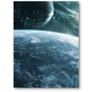 Plakat do biura nowoczesny kosmiczna wizja z planetami i gwiazdami na niebiesko-białym tle mroczny