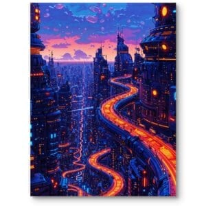 Plakat do biura pokój gracza miasta miasto nocą cyberpunk niebieski pomarańczowy