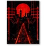 Plakat do biura przestrzeń miejska nowoczesna czerwona tarcza księżyca minimalistyczny Plakat do biura przestrzeń miejska nowoczesna czerwona tarcza księżyca minimalistyczny