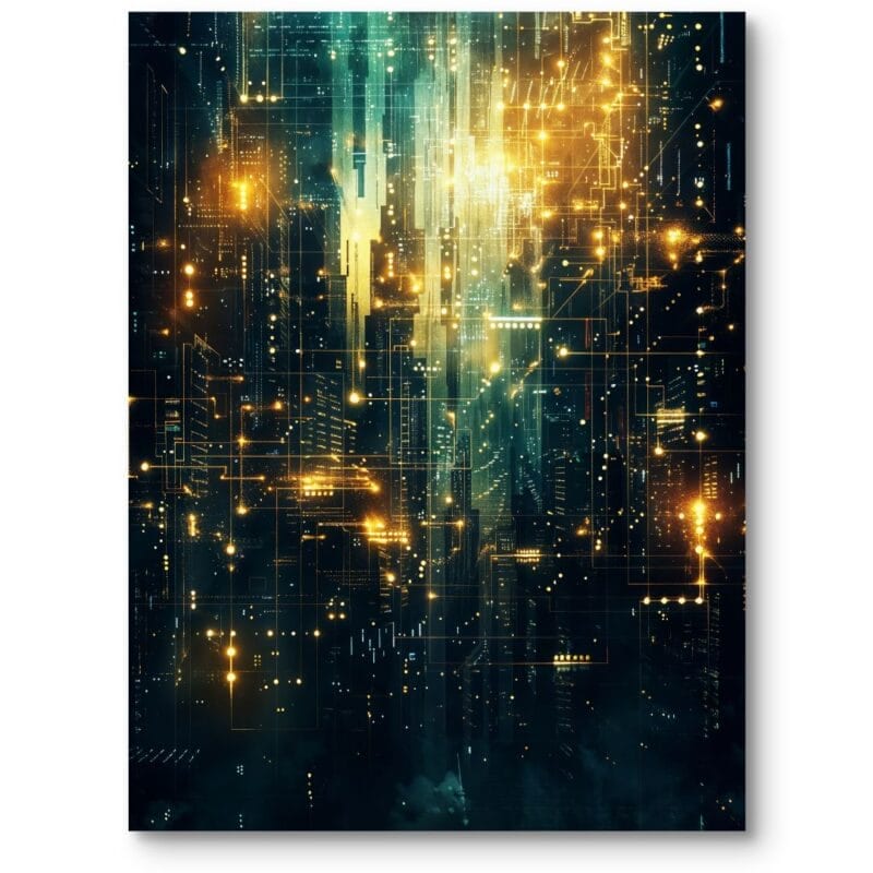 Plakat do biura urbanistyka futurystyczne miasto cyberpunk ciemnozielono-żółty Plakat do biura urbanistyka futurystyczne miasto cyberpunk ciemnozielono-żółty