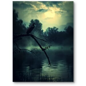 Plakat do biura woda ptak nowoczesny ciemnozielono-żółty