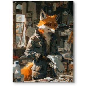 Plakat do biura zwierzęta lis realistyczny humorystyczny pomarańczowo-szary