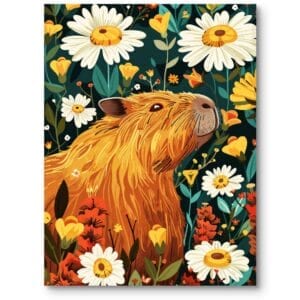 Plakat do eklektycznego salonu zwierzęta kapibara z kwiatami pop-art pomarańczowo-żółty
