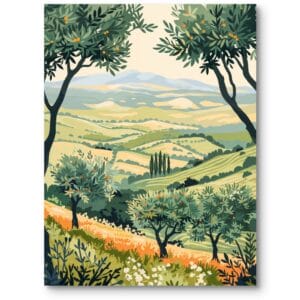 Plakat do gabinetu krajobraz śródziemnomorski przyroda impresjonistyczny zielono-żółty
