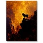 Plakat do gabinetu zwierzęta byk na urwisku surrealizm pomarańczowo-czarny Plakat do gabinetu zwierzęta byk na urwisku surrealizm pomarańczowo-czarny