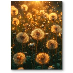 Plakat do klasycznego salonu rośliny i flora dmuchawce realizm złoty i zielony