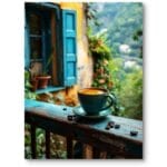 Plakat do kuchni boho napoje kawa na balustradzie zielono-niebieski Plakat do kuchni boho napoje kawa na balustradzie zielono-niebieski