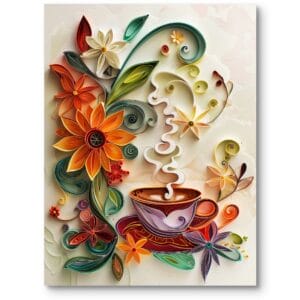 Plakat do kuchni martwa natura kwiaty i kawa nowoczesny pomarańczowo-zielony