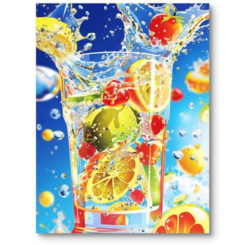 Plakat do kuchni napój owoce pop-art niebiesko-żółty Plakat do kuchni napój owoce pop-art niebiesko-żółty