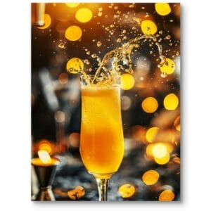 Plakat do kuchni nowoczesny drink kieliszek rozpryskujący się pomarańczowo-złoty