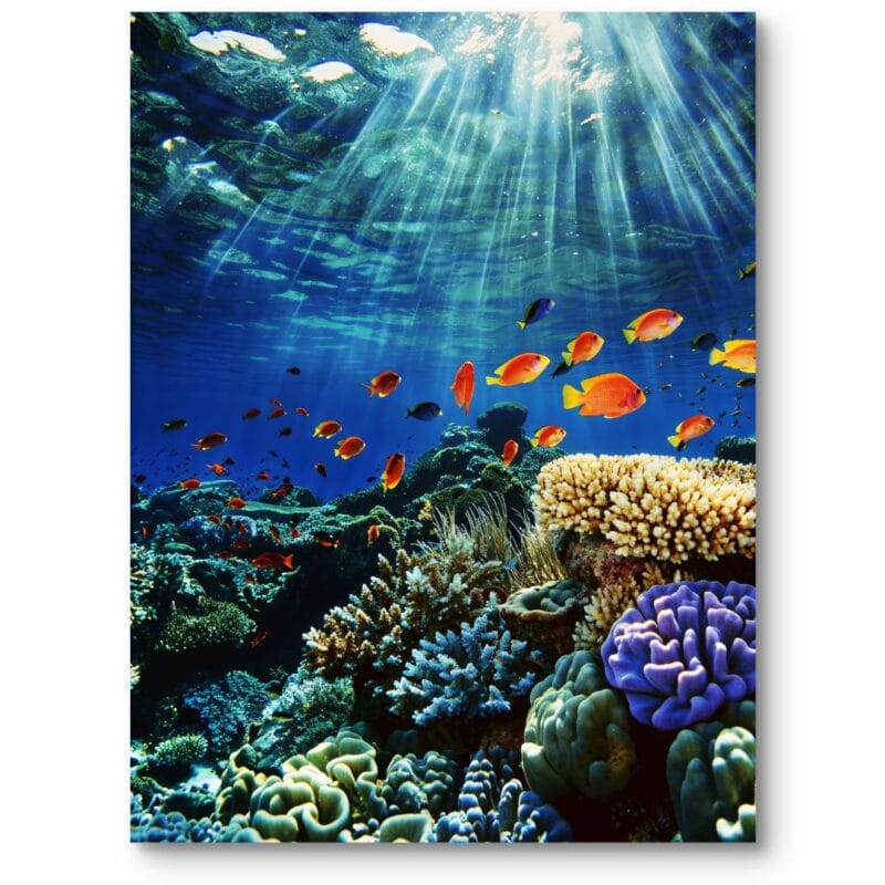 Plakat do łazienki kolorowa rafa koralowa natura niebiesko-pomarańczowy