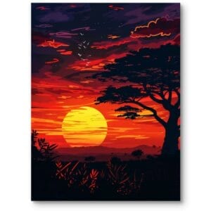 Plakat do nowoczesnego salonu afrykański krajobraz afrykański zachód słońca czerwono-pomarańczowy