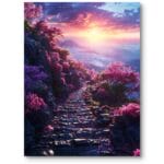 Plakat do nowoczesnego salonu góry we mgle zachód słońca realistyczny różowo-niebieski