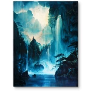 Plakat do nowoczesnego salonu krajobraz wodospady góry jezioro niebiesko-zielony