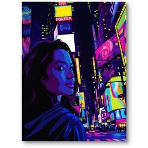 Plakat do nowoczesnego salonu miasto noc kobieta pop-art fioletowo-niebieski